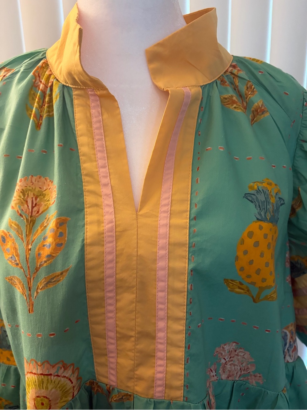 Umgee green, yellow and pink Floral 100% Cotton dress with scalloped sleeves - Picture 2 of 6